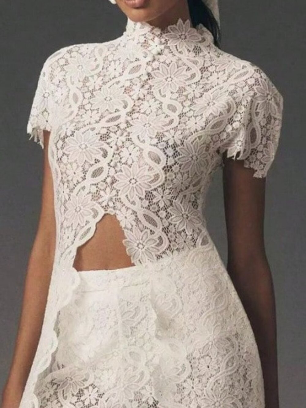 White Elegant Women's Lace Hollow Out Round Neck High Low Top - Picture 2 of 2